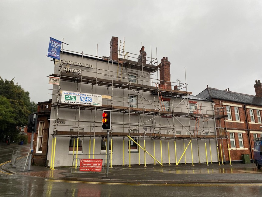 An example of Atlas Scaffolding Limited's work erected around the Borough Arms in Newcastle to enable repairs.
