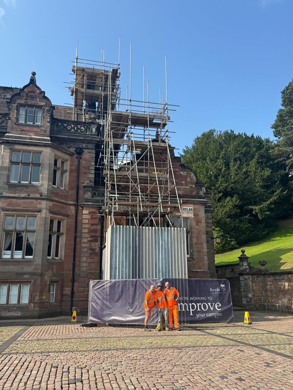 Atlas Scaffolding Limited showcasing scaffolding erected to repair a chimney at Keele Hall.