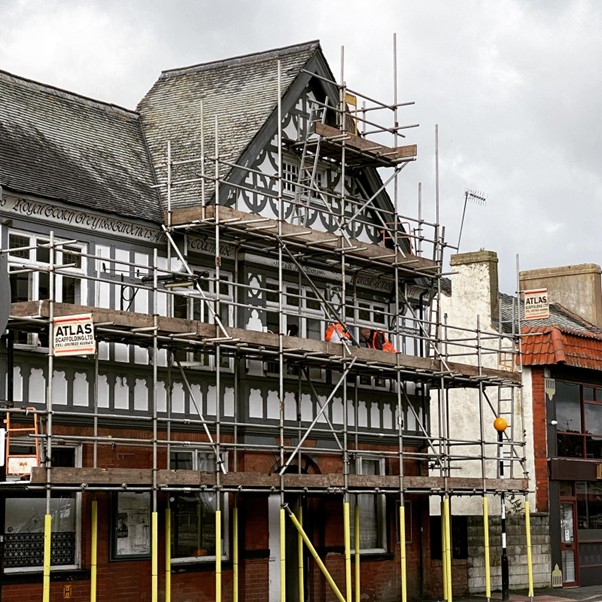 An example of scaffolding to enable repairs on the Full Moon pub in Newcastle.